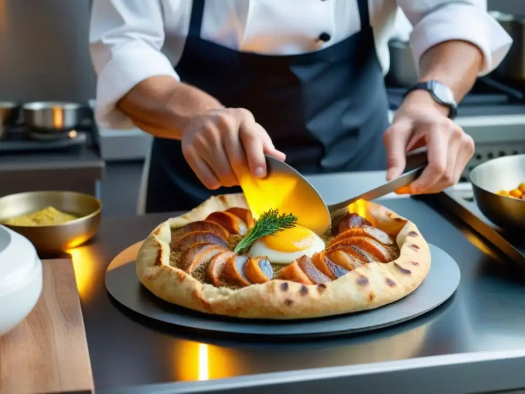 Un chef bretona experto preparando una galette tradicional con ingredientes frescos, capturando la esencia de la cocina bretona tradicional innovación