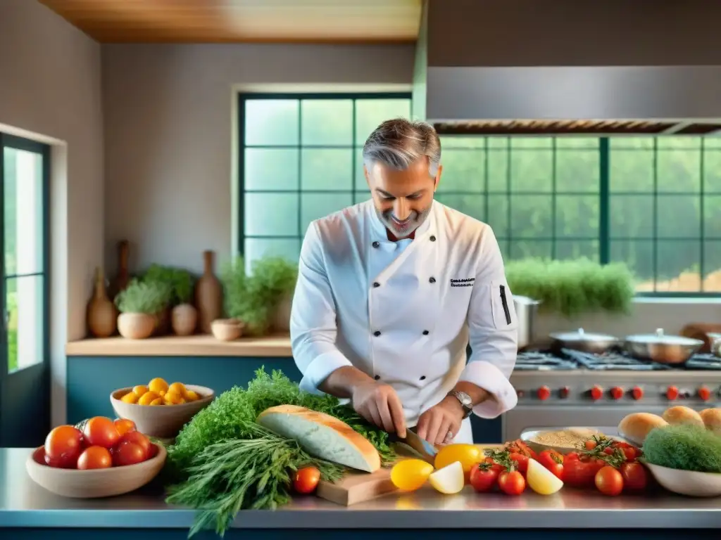 Un chef reinterpretando la tradición en una bulliciosa cocina provenzal, con ingredientes frescos y vibrantes