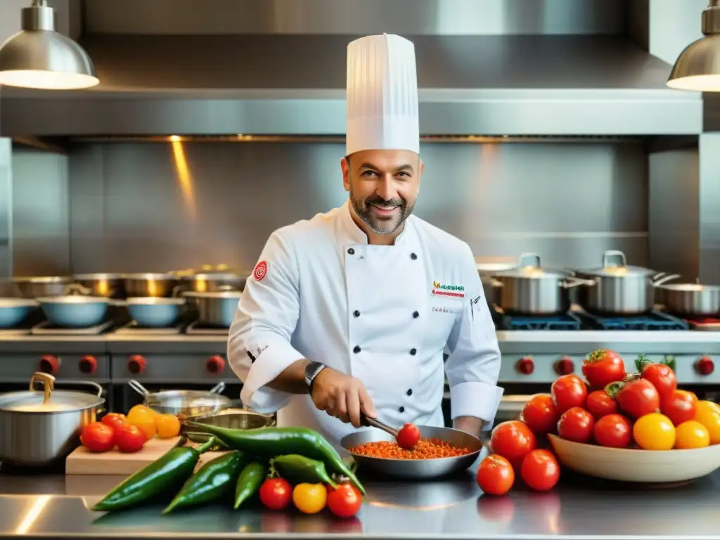 Chef Gérald Passedat en su bulliciosa cocina, preparando una receta de Cocina mediterránea francesa innovadora con ingredientes frescos y coloridos