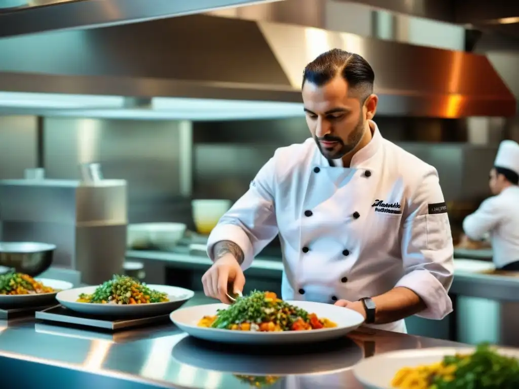 Chef Alexandre Mazzia dirige su bulliciosa cocina, rodeado de un equipo diverso, preparando platos fusionados