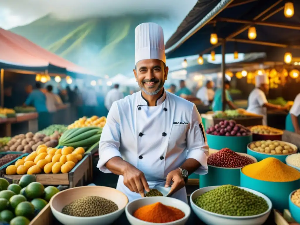 Un chef en un bullicioso mercado al aire libre en Reunión, fusionando la gastronomía francesa tradicional con ingredientes innovadores