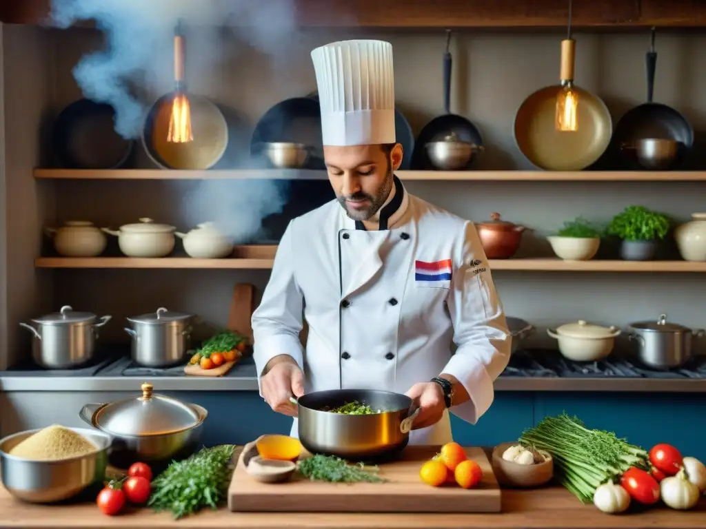 Un chef francés prepara con maestría un caldo casero en una cocina tradicional