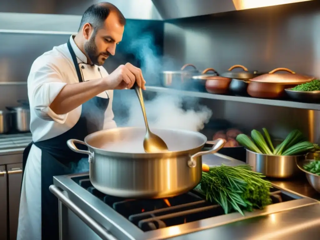 Un chef francés prepara meticulosamente un caldo tradicional en una bulliciosa cocina