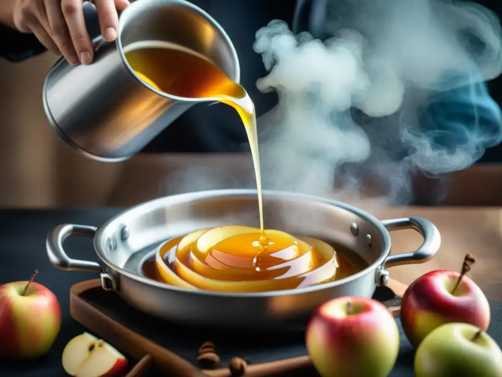 Un chef vierte Calvados en manzanas caramelizadas, creando un postre exquisito