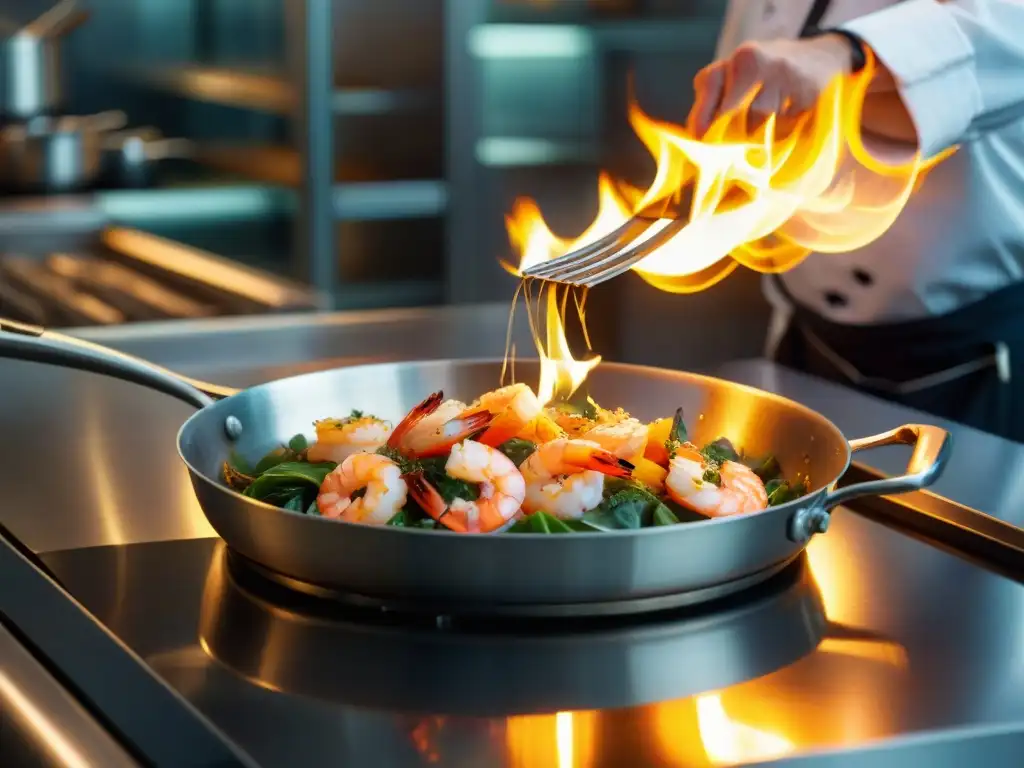 Un chef hábil flambeando camarones en una sartén, demostrando la técnica de flambeado en la cocina