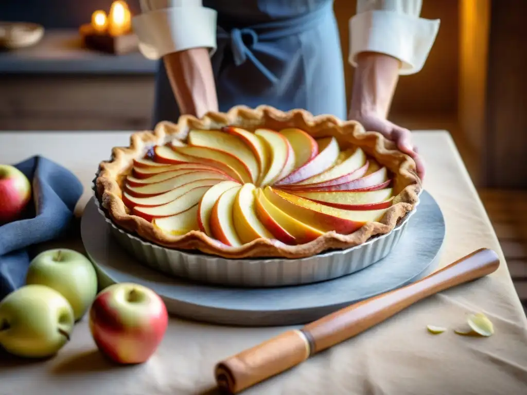 Un chef espolvorea canela sobre una tarta de manzana normanda en una cocina rústica