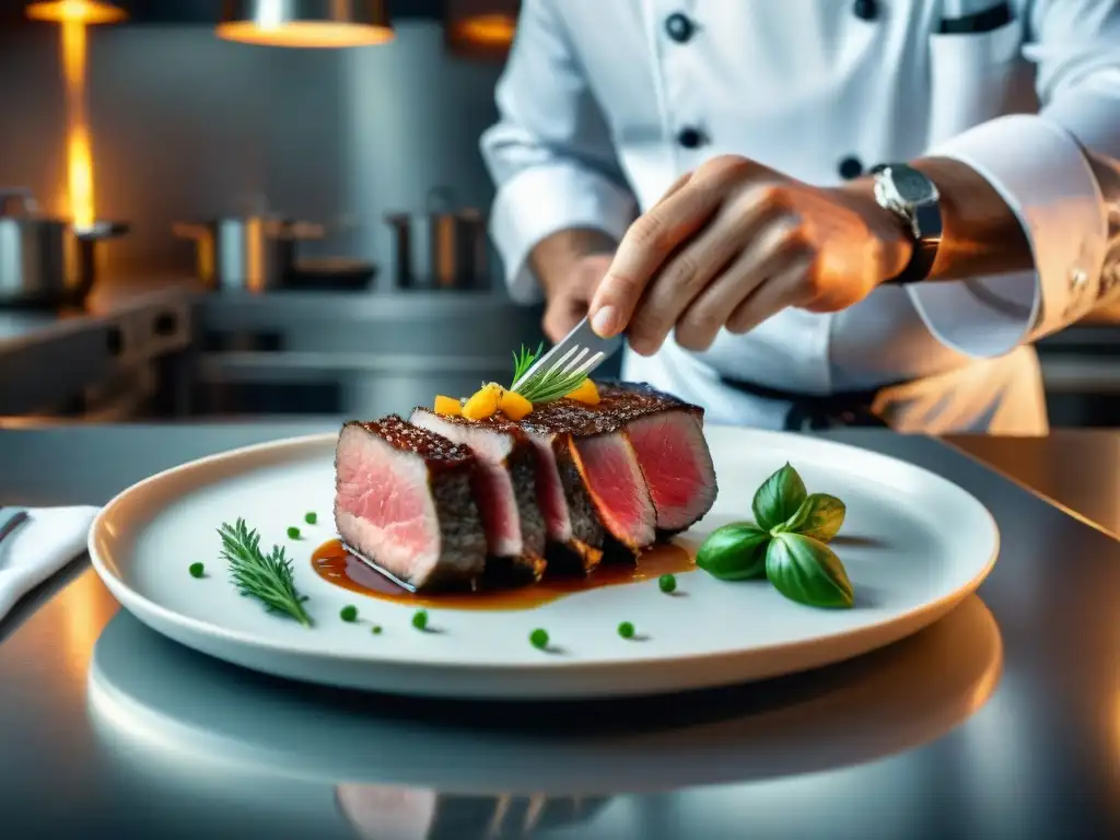 Chef colocando con precisión carne cocida al sous vide en plato elegante, con vapor suave de fondo