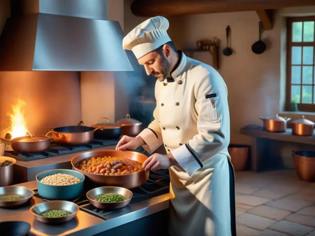 Un chef preparando meticulosamente un cassoulet en una cocina francesa tradicional, inmerso en la receta tradicional francesa del cassoulet