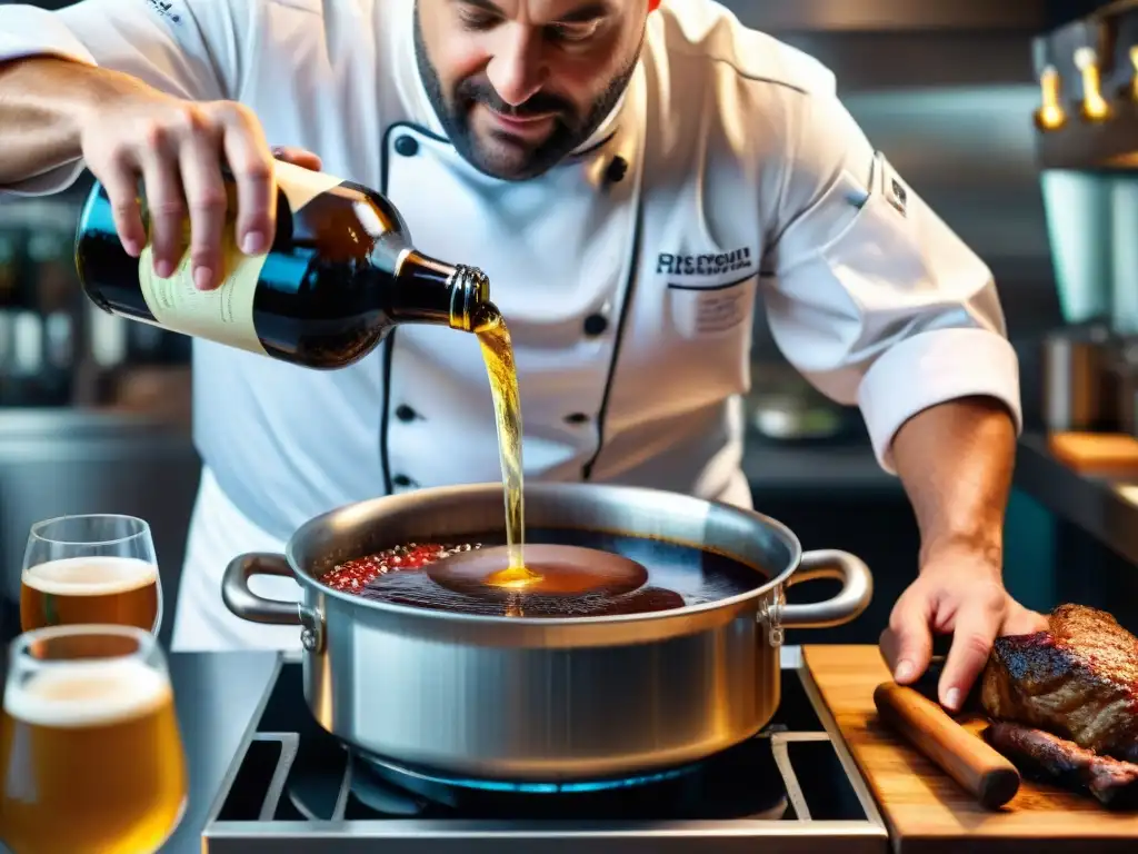 Un chef francés vierte cerveza artesanal en un guiso de coq au vin, fusionando la influencia de la cerveza artesanal en la gastronomía francesa