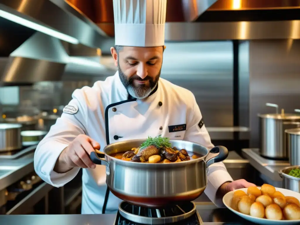 Un chef francés incorpora cerveza artesanal en un plato tradicional en una cocina de restaurante con estrella Michelin