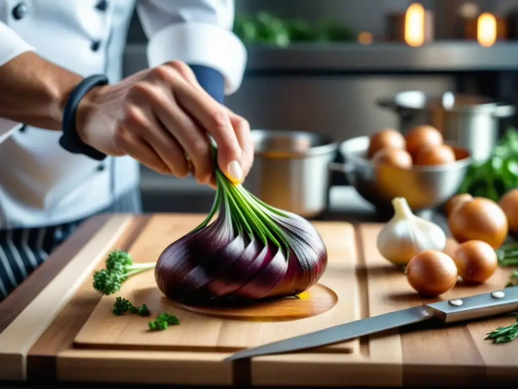 Un chef cortando una chalota con precisión en una cocina profesional, destacando técnicas básicas cocina francesa