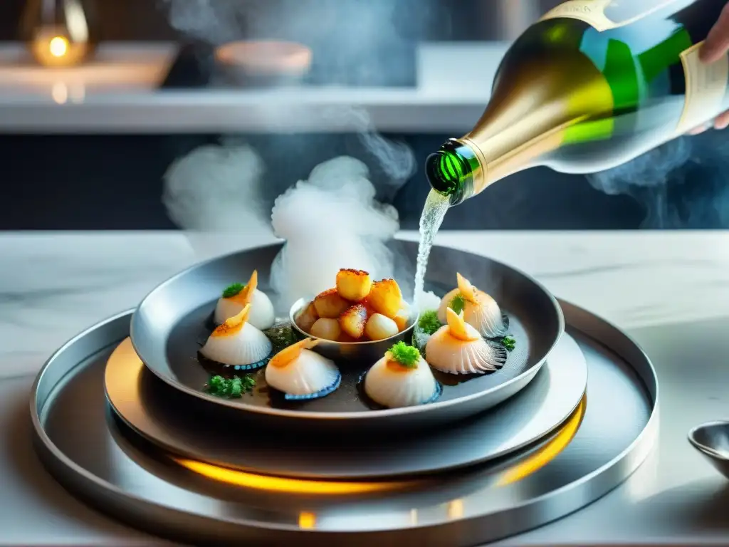 Chef francés marida champagne con vieiras en cocina elegante