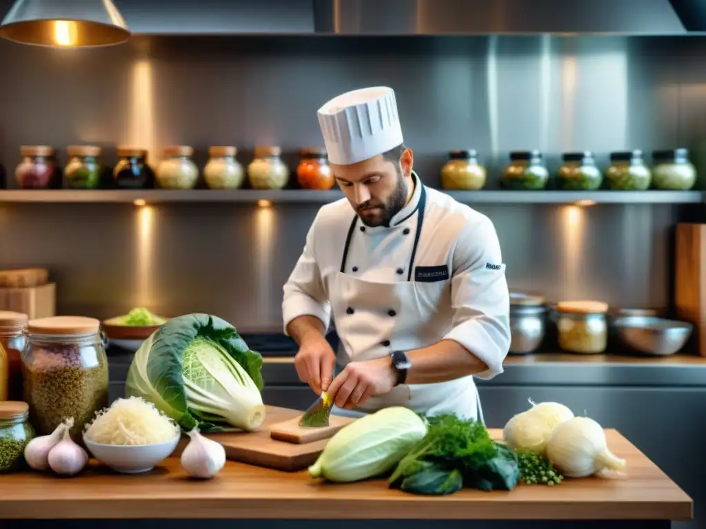 Un chef francés prepara chucrut en una cocina tradicional, creando una receta chucrut francés fermentado con destreza