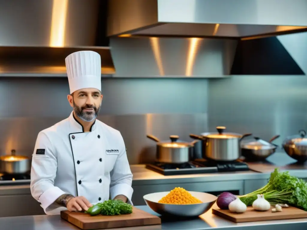 Un chef francés lidera una clase virtual desde una cocina moderna y lujosa