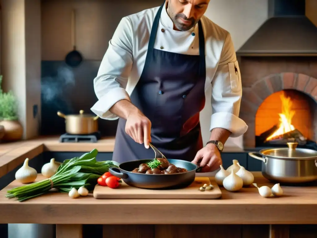 Un chef francés prepara un clásico Coq au Vin en una cocina rústica