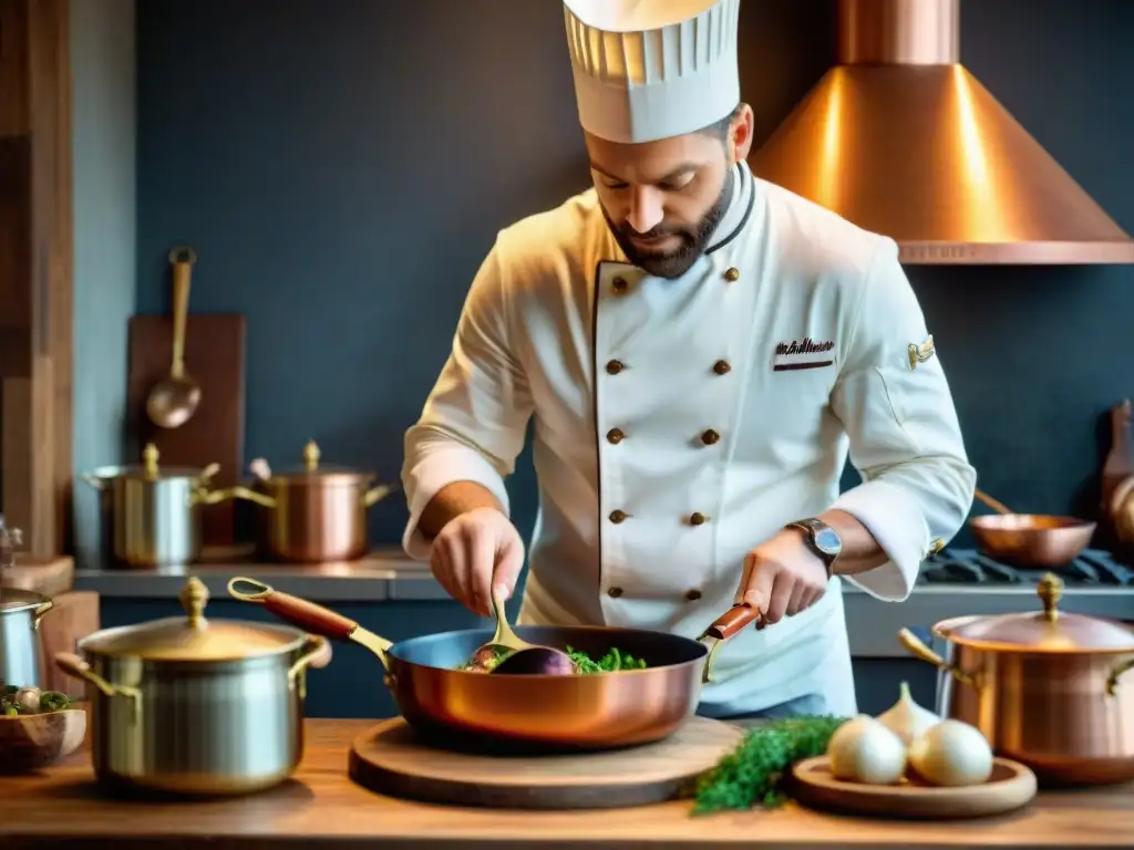 Un chef francés prepara el clásico Coq au Vin en una cocina rústica y elegante