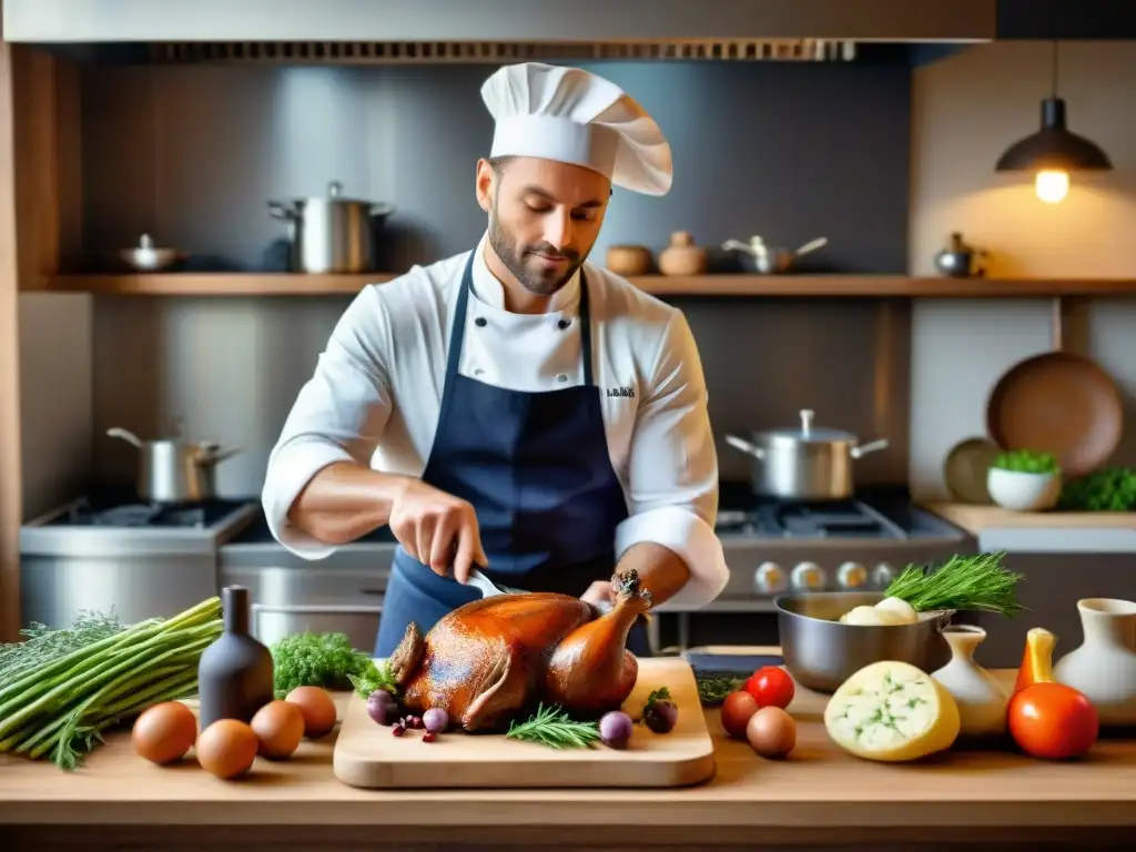 Un chef francés prepara un clásico Coq au Vin en una cocina rústica con toques modernos