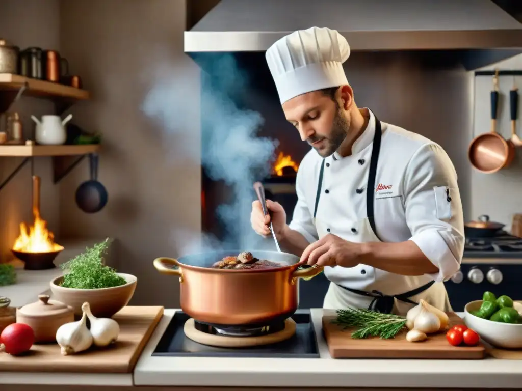 Un chef francés crea un clásico Coq au Vin en una cocina encantadora llena de utensilios de cobre y ingredientes frescos