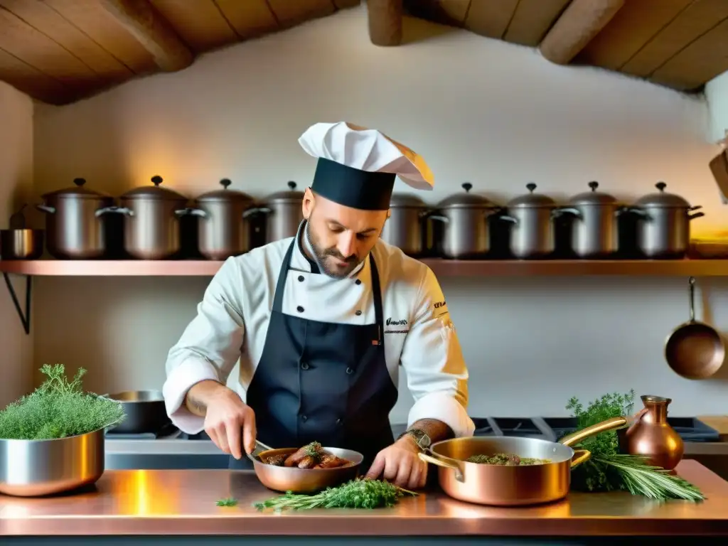 Un chef francés prepara un clásico Coq au Vin en una cocina rústica, fusionando tradición y tecnología en la cocina francesa