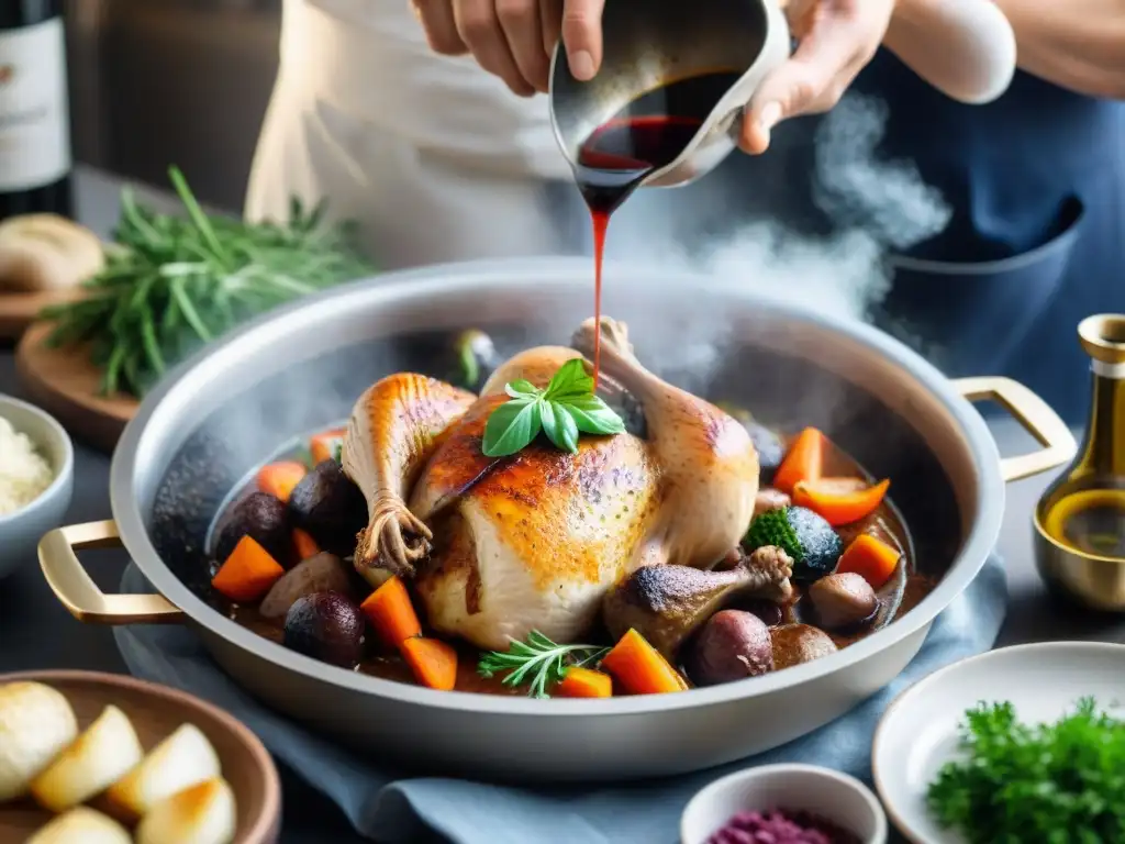 Un chef prepara el clásico Coq au Vin en concurso de cocina regional francesa