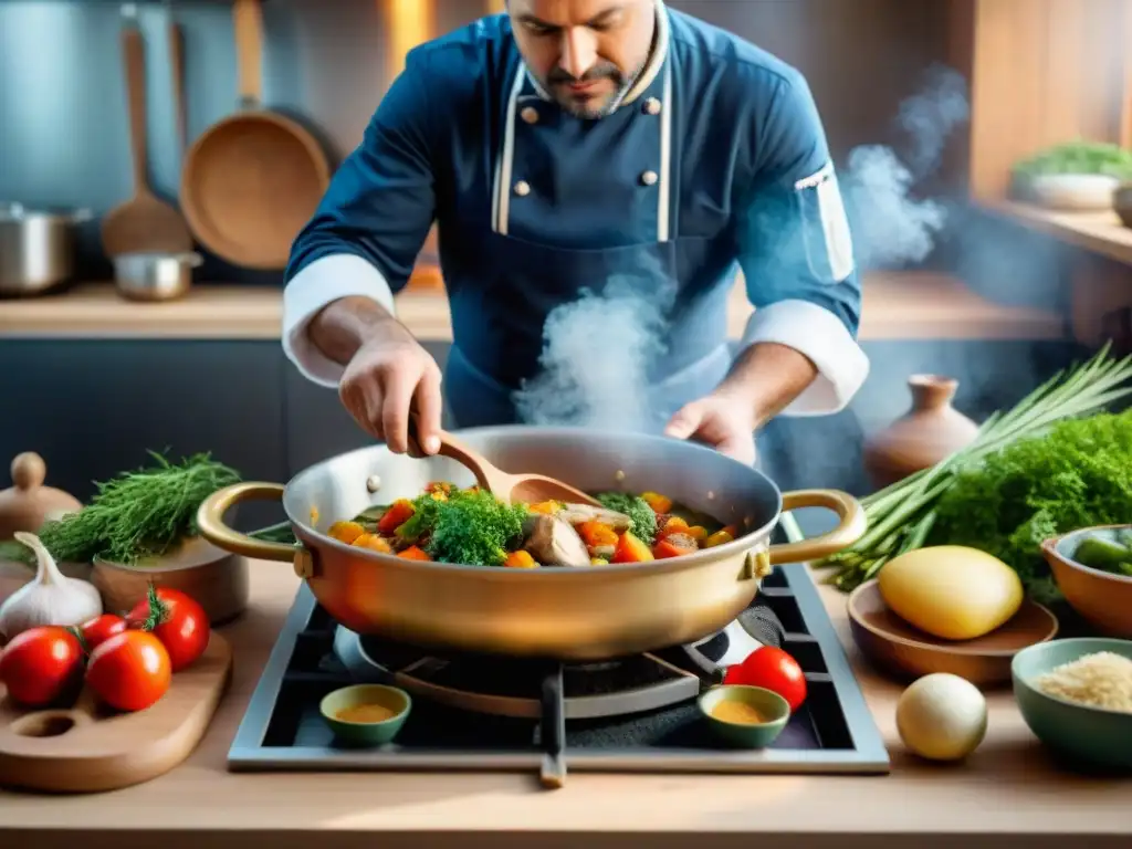 Un chef preparando Matelote en cocina alsaciana, rodeado de ingredientes frescos