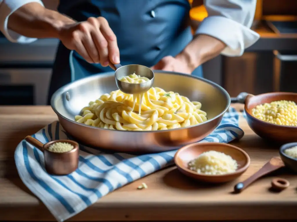 Un chef preparando Spätzle en una cocina alsaciana tradicional