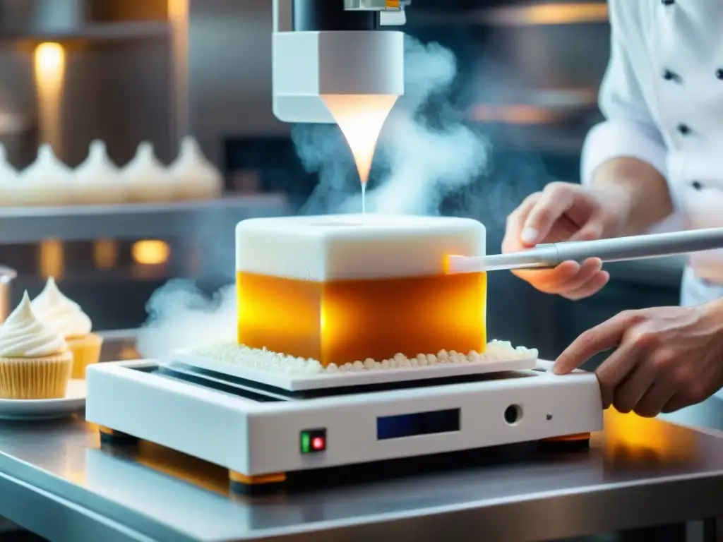 Chef en cocina de alta cocina observa impresión 3D de esculturas de azúcar, fusionando gastronomía francesa con tecnología innovadora