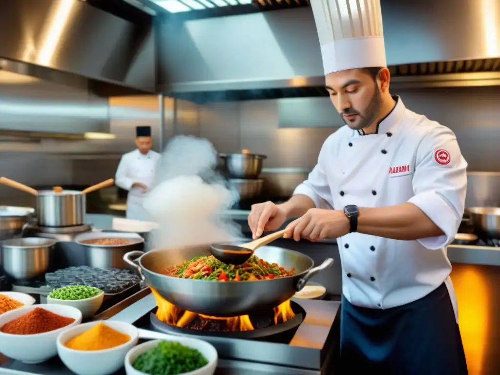 Chef francés en cocina asiática, añadiendo influencia umami a un wok humeante