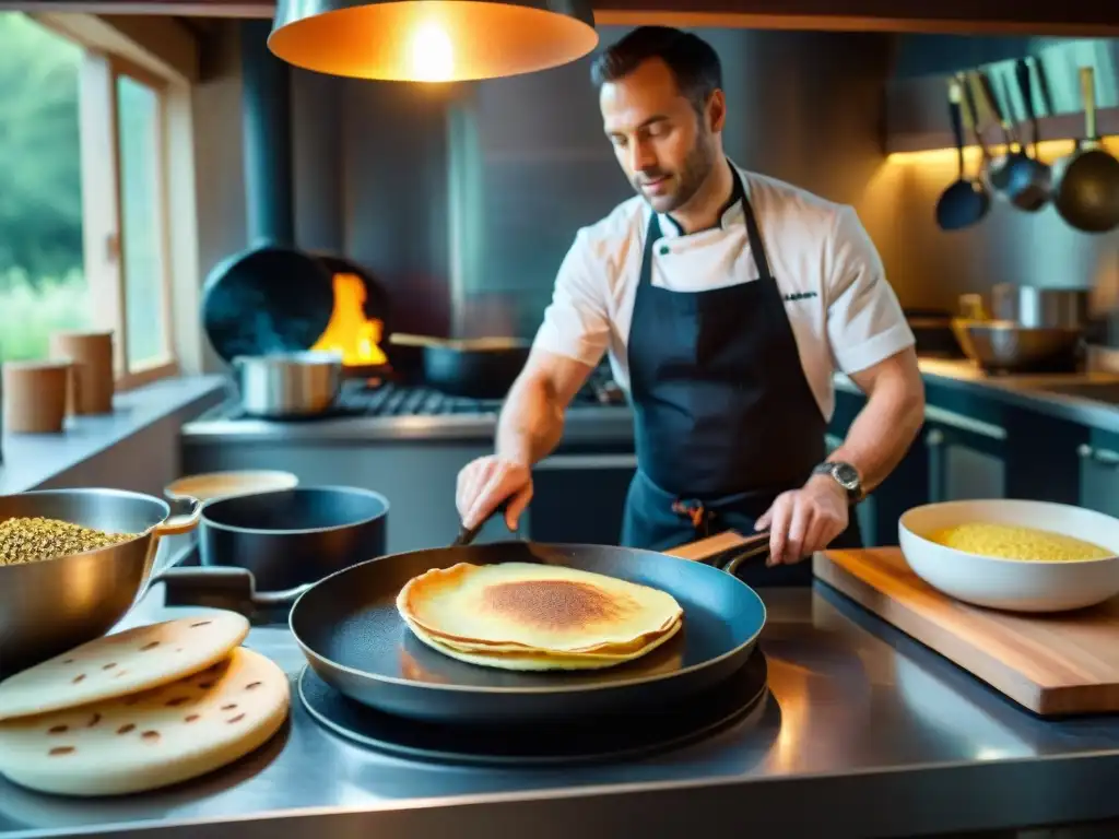 Chef preparando crêpe y galette en cocina bretona, diferencias entre crêpes y galettes