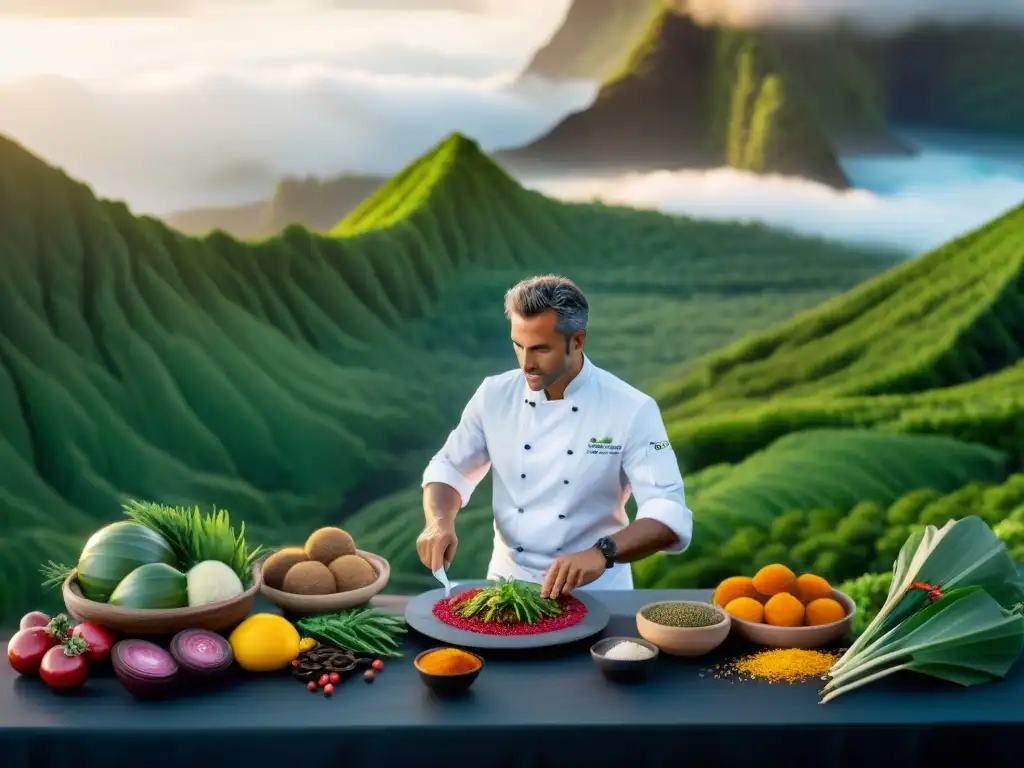 Un chef hábil en una cocina bulliciosa de la isla de Réunion, fusionando gastronomía francesa tradicional e innovadora