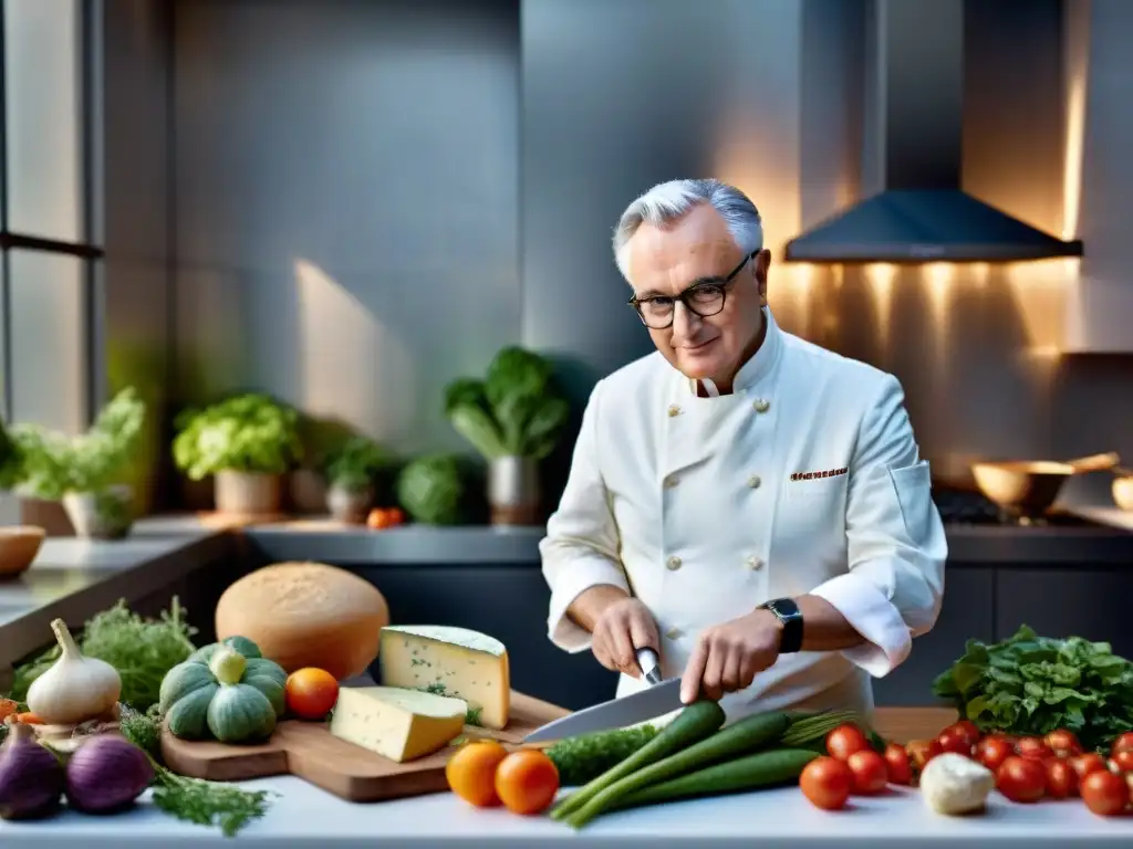 Chef Alain Ducasse en su cocina casera preparando una receta francesa con ingredientes frescos