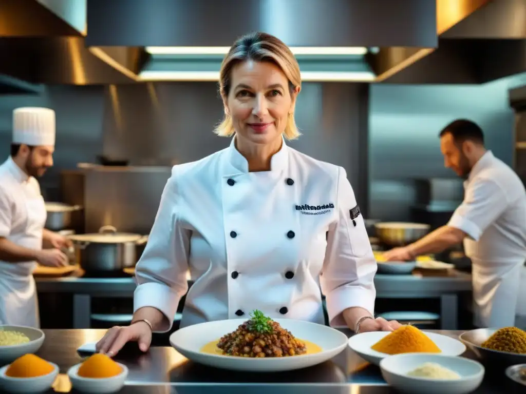 Hélène Darroze: Pasión en la cocina estrellada Chef Hélène Darroze en su cocina, mostrando pasión y destreza al plato