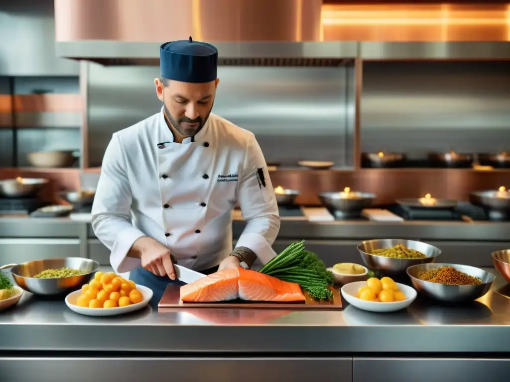 Un chef francés filletea salmón en una cocina elegante con platos tradicionales de la cocina francesa