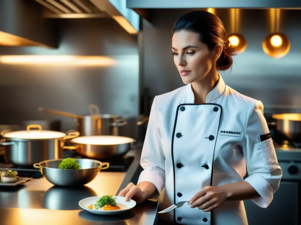 La chef Dominique Crenn en su cocina estrellada Michelin, plato francés exquisito, precisión y pasión culinaria