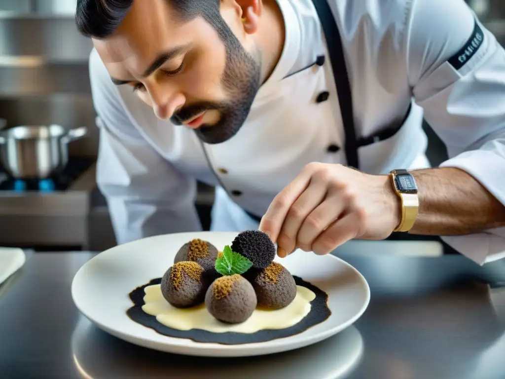 Chef francés en cocina estrellada, prepara trufas negras