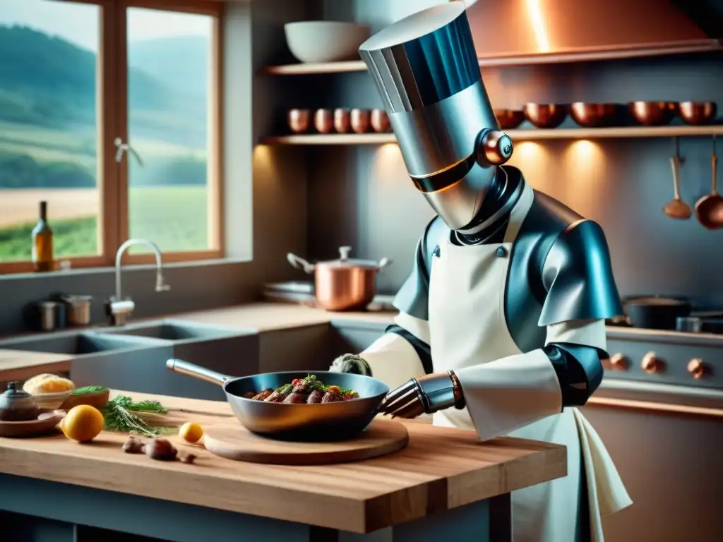 Un chef robot en una cocina francesa fusionando tradición y tecnología