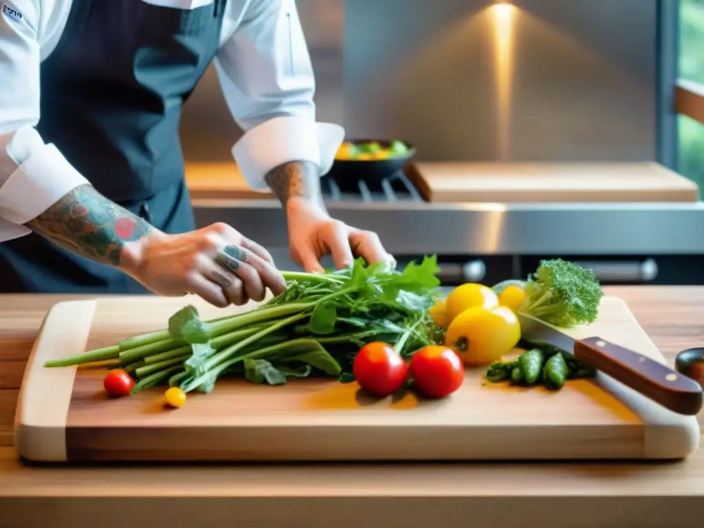 Un chef en cocina francesa contemporánea arregla vegetales orgánicos en tabla de cortar