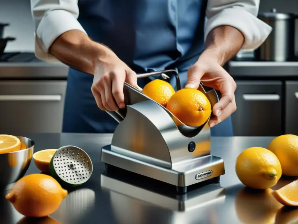 Un chef en una cocina francesa desmontando y limpiando meticulosamente un exprimidor de cítricos, destacando la importancia de su mantenimiento