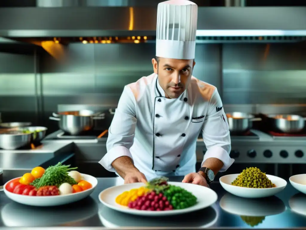 Chef en cocina francesa moderna, creando plato innovador con ingredientes tradicionales y técnicas vanguardistas