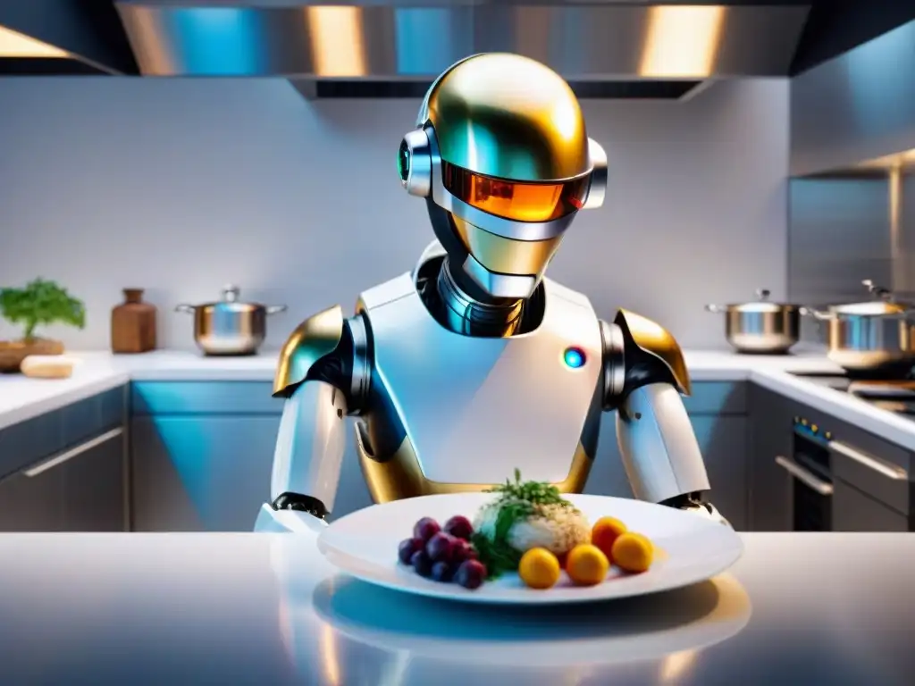 Un chef robot de última generación en una cocina francesa moderna, creando platos sofisticados con precisión y arte