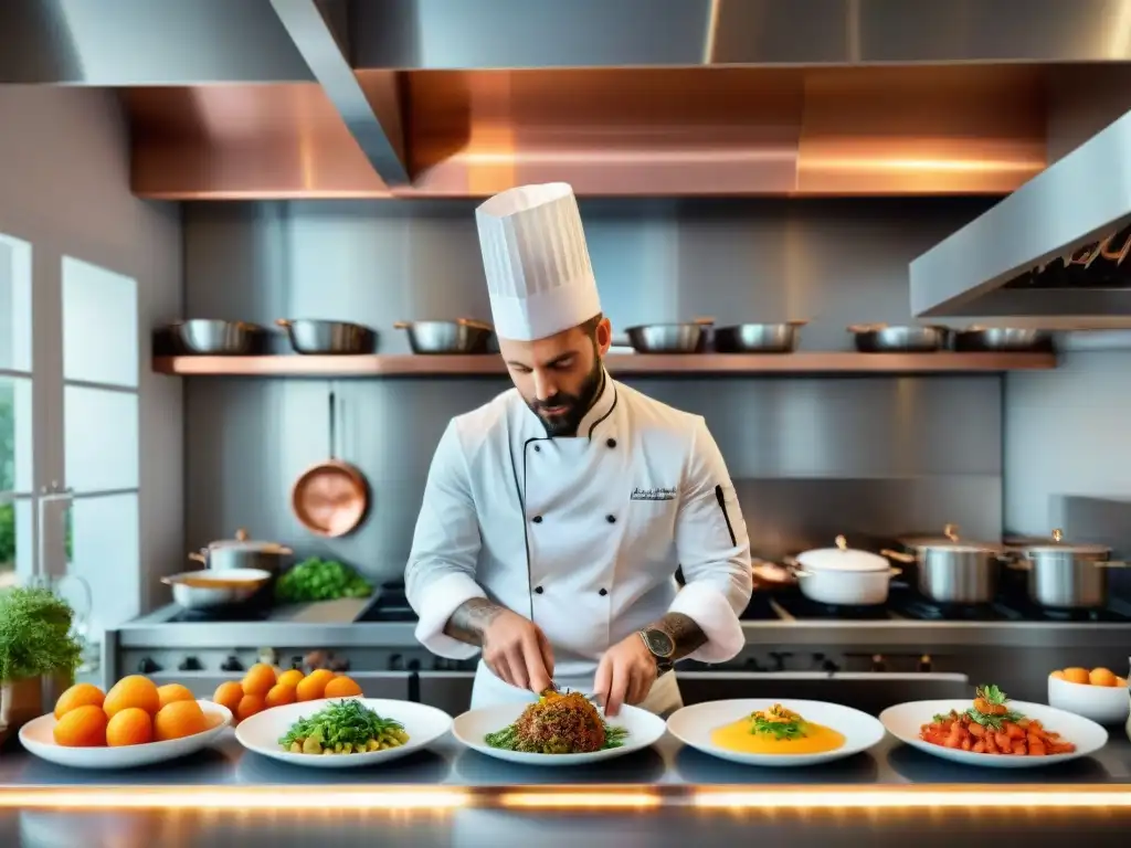 Un chef en una cocina francesa moderna preparando un plato innovador