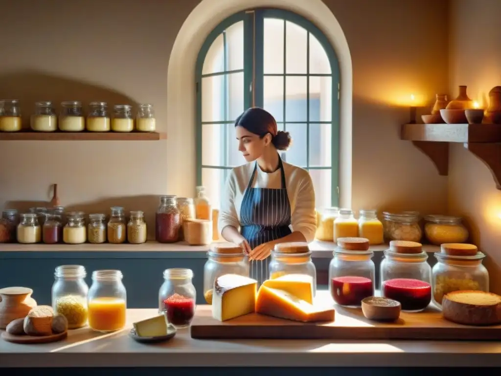 Un chef hábil atiende fermentación en cocina francesa, rodeado de delicias de pan, queso y carne curada