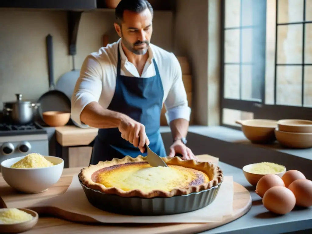 Chef preparando quiche Lorraine en cocina francesa rústica