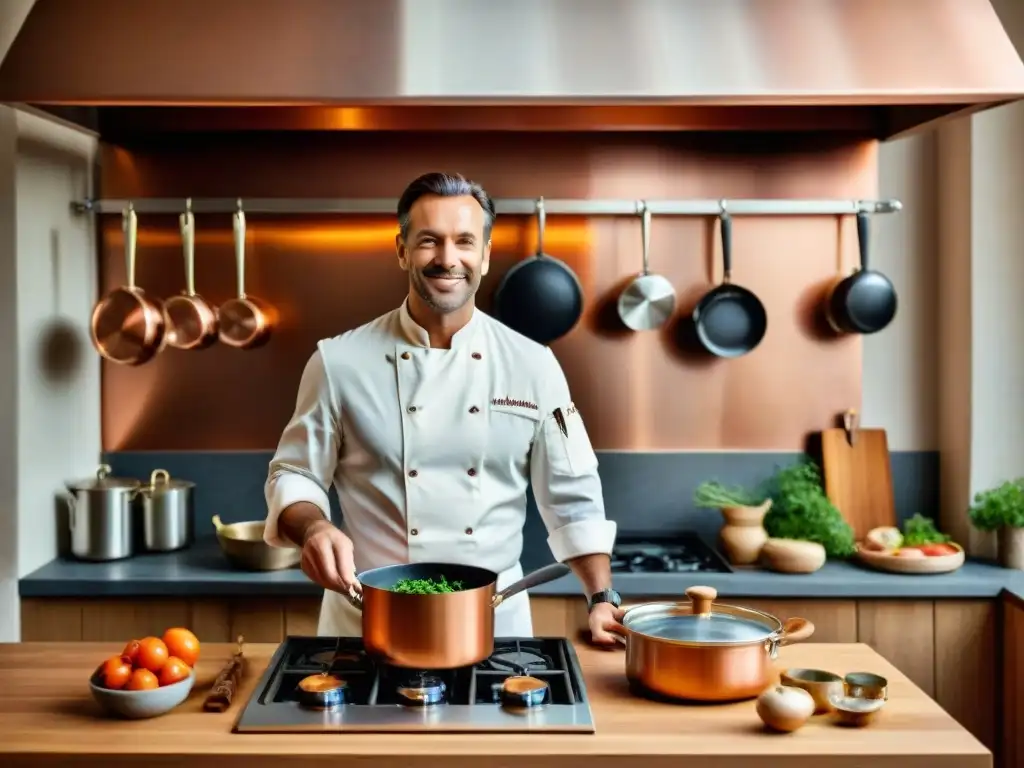 Un chef en una cocina francesa tradicional, removiendo un guiso de coq au vin