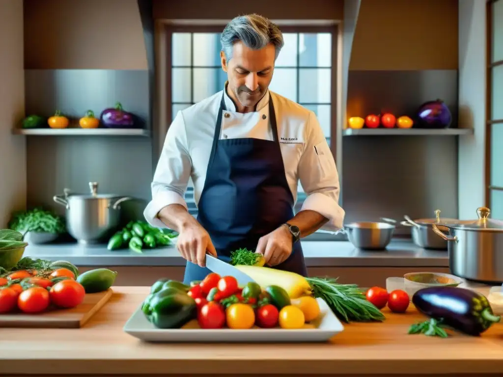 Un chef prepara ratatouille en una cocina francesa tradicional con verduras frescas