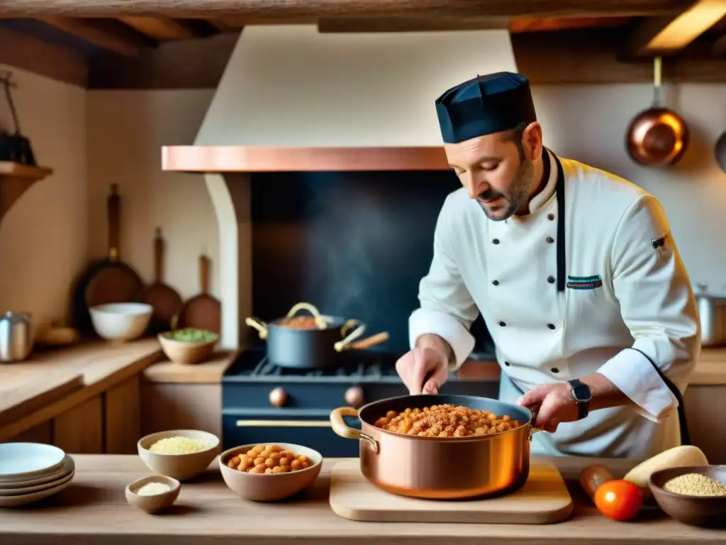 Chef preparando cassoulet en una cocina francesa tradicional del Suroeste, en la Ruta culinaria Suroeste francés gastronomía