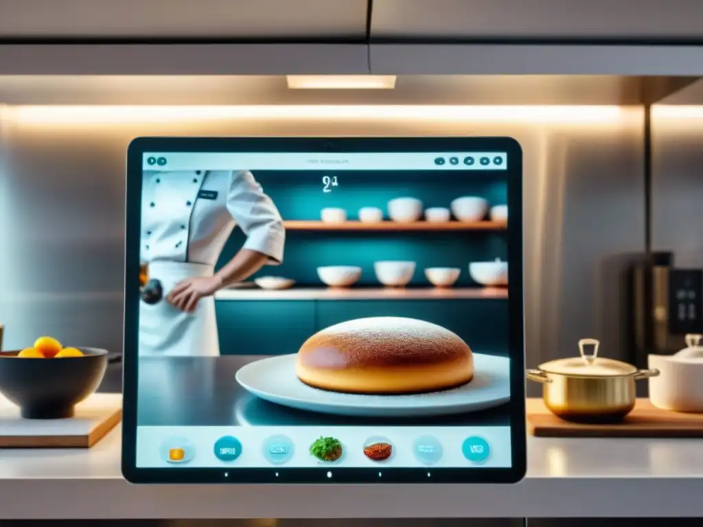 Un chef interactúa con IA en cocina futurista, fusionando recetas francesas olvidadas con tecnología