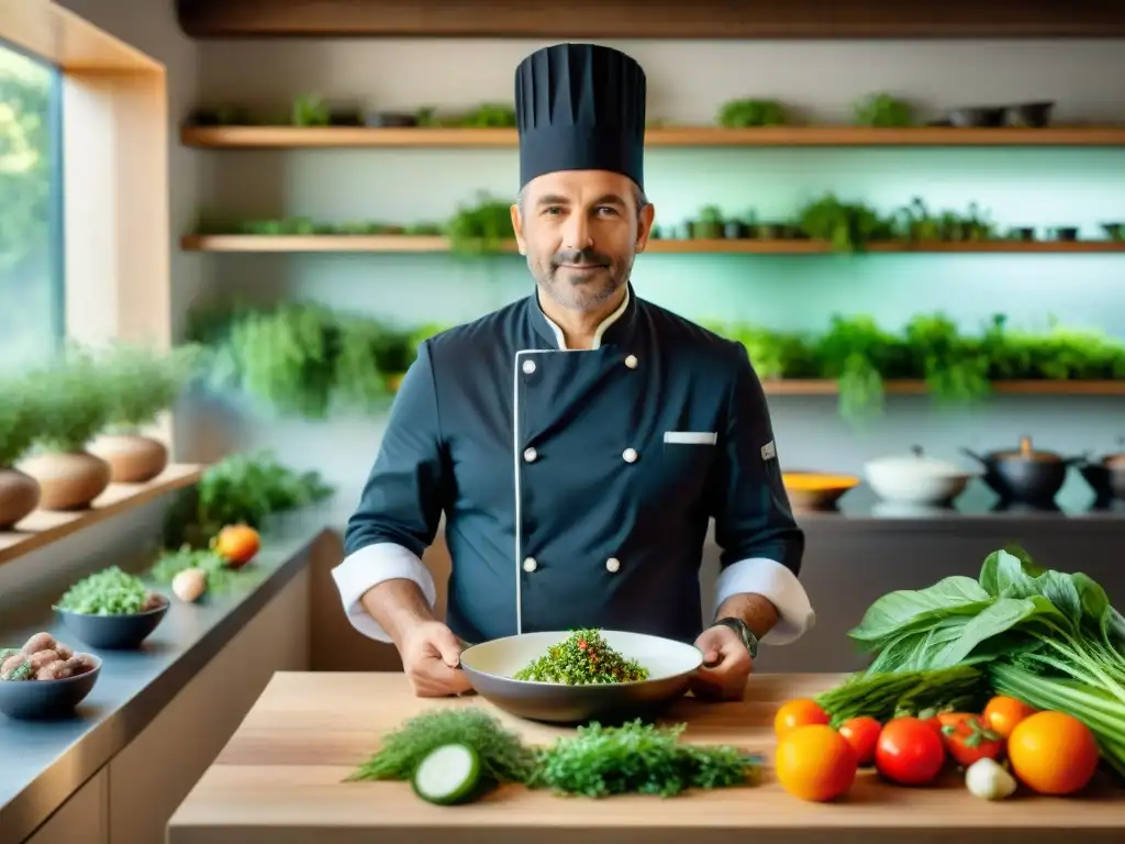 Chef francés Marc Veyrat en su cocina botánica innovadora en Francia, creando platos con pasión y maestría