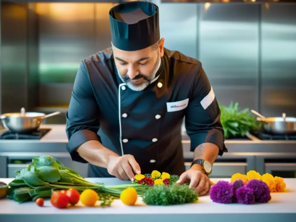 Chef Marc Veyrat en una cocina botánica innovadora de Francia, creando platos visualmente impresionantes