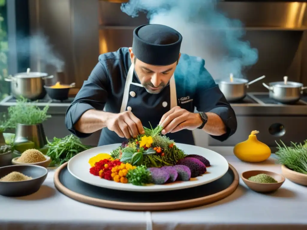 Chef Marc Veyrat en su cocina botánica innovadora en Francia, rodeado de ingredientes vibrantes, preparando con pasión un plato